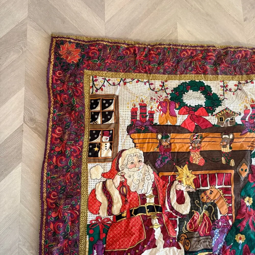 Christmas Quilt Blanket Santa Claus Tree Quilted Wall Hanging Light Grommets